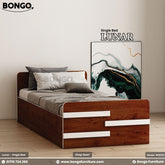 A single bed with brown Water Resistant Strong Laminated Board frame and white bedding, displayed in a room setting with a picture on the wall.